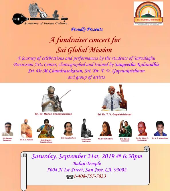 A fundraiser concert for Sai Global Mission, September 21st, 2019